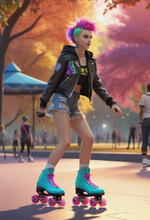Ultra realistic, masterpiece, punk girl, roller skating, in park, realistic, key visual, vibrant, ambient lighting, highly detailed