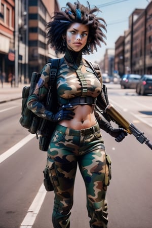 Ultra realistic, masterpiece, hd, complex_background, 1 girl, thin and fit, tight camouflage pants, camouflage cropped top, short punk hair,  she is walking towards the viewer, she is surrounded by destruction, she has a pistol in her hand, (((she is carrying a rifle on her back))),