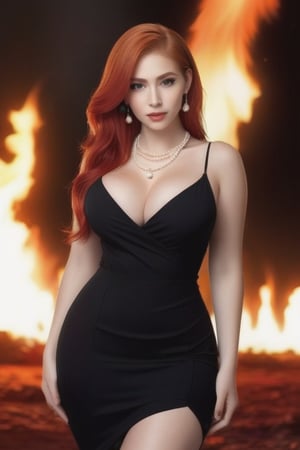 Ultra realistic, masterpiece, hd, complex_background, 1 girl, fire red hair, large_boobs,   
Black dress low cut, mid thigh length, red makeup,  pearl necklace  and earrings ,photo realistic 