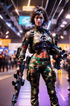 Ultra realistic, masterpiece, hd, complex_background, 1 girl, thin and fit, tight camouflage pants, camouflage cropped top, short punk hair,  she is walking towards the viewer, she is surrounded by destruction, she has a pistol in a holster , (((she is carrying a sniper rifle))),
