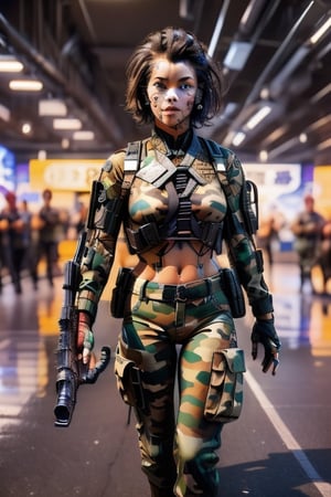 Ultra realistic, masterpiece, hd, complex_background, 1 girl, thin and fit, tight camouflage pants, camouflage cropped top, short punk hair,  she is walking towards the viewer, she is surrounded by destruction, she has a pistol in a holster , (((she is carrying a sniper rifle))),