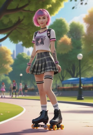 Ultra realistic, masterpiece, punk girl in shortskirt, roller skating, in park, realistic, key visual, vibrant, ambient lighting, highly detailed