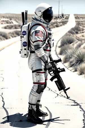 Image with good quality beautiful landscape (medium short long) 1 man with weapons with altered body. (astronaut clothing in poor condition. (next to the road, gas station