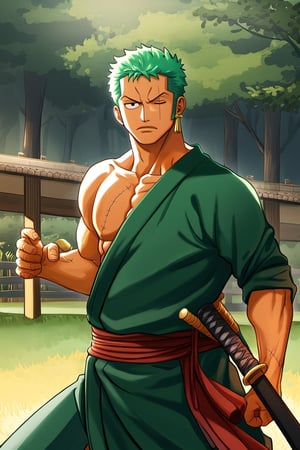 1boy, Bara, male focus, Roronoa Zoro, One Piece, (cowboy shot), battoujutsu stance, looking at viewer, green hair, short hair, scar on eye, green kimono,com o pau de fora , scar on chest outdoors, scenery, best quality, amazing quality, best aesthetic, absurdres, com o penis de fora ,year 2023, very nsfw