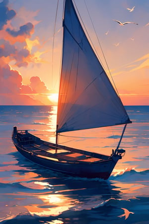 A serene sunset over a vast ocean, golden light reflecting on gentle waves, scattered clouds casting shadows on the water, a lone sailboat drifting peacefully, seagulls flying in the distance, creating a tranquil atmosphere, painted with soft brush strokes in a watercolor style, evoking a sense of calmness and nostalgia.