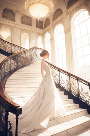 A girl walks downstairs in a grand, luxurious mansion, marble staircase with intricate carved railings, opulent chandeliers casting a warm glow, elegant tapestries adorning the walls, the girl’s elegant gown trailing behind her, a sense of regal charm and sophistication in the air, captured in a classic portrait photography, with a focus on the girl’s graceful posture and the exquisite architectural details