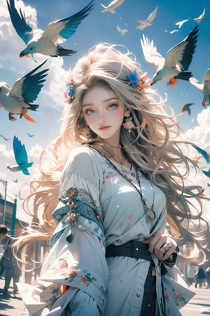 a lady gracefully balancing on a paper plane, with flowing golden hair and a soft smile, soaring through a dreamy pastel sky sprinkled with fluffy clouds, surrounded by flock of colorful birds, feeling weightless and free, captured in a whimsical and ethereal style 