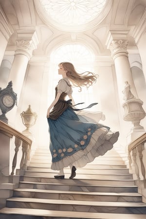 girl in Victorian period dress walking down the stairs, her skirt swaying with each step, a subtle rustle of fabric echoing in the grand hall, passing by a marble statue of a Greek goddess, a vintage pocket watch dangling from her waist, the timeworn walls adorned with faded tapestries and intricate floral patterns, in a painting style reminiscent of pre-Raphaelite artists, capturing the girl’s contemplative expression and the weight of history in the air. 