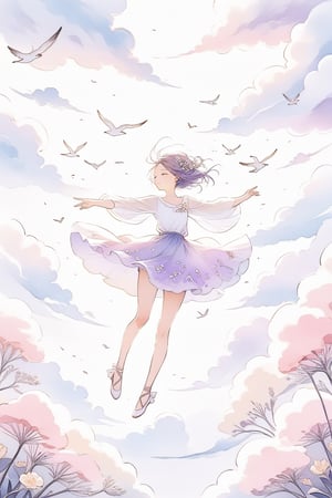 A girl’s finger touched cloud beneath her, the cloud swirling like cotton candy around her finger, a dreamlike and ethereal atmosphere, the sky filled with pastel hues of pink and lavender, creating a magical and enchanting backdrop, birds flying overhead in a whimsical dance, a feeling of lightness and joy in the air, captured in a soft and delicate painting style, reminiscent of watercolor illustrations
