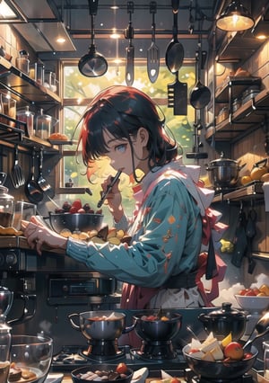 a dessert recipe levitating in a serene kitchen, shelves filled with vintage baking utensils, a marble countertop adorned with scattered flour and eggshells, soft natural a young girl studying a dessert recipe, surrounded by a colorful array of fruits, berries, and chocolate, a wooden cutting board with sliced ingredients, a vintage mixer on the counter, sunlight streaming through a window casting soft shadows, capturing the serene and focused atmosphere of a cooking session, in a soft and dreamy photography style, soft lighting to enhance the textures and colors of the ingredients. ,glitter