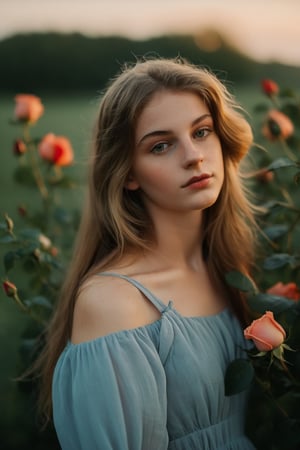 The photo captures an 18-year-old girl delicately holding a vibrant rose flower. Her face shows a mix of innocence and contemplation, with a hint of a shy smile. The soft natural light enhances the subtle beauty of her features, casting a gentle glow on her skin. The weather appears to be sunny, with a slight breeze gently tousling her hair. The overall mood of the image is serene and dreamy, evoking a sense of youth and romance.