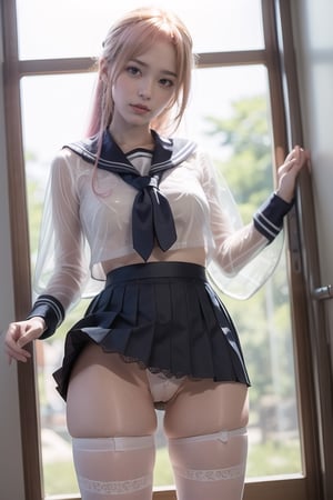 (NSFW:1.3), 1Young anime girl, well kemp hair, pink hair, school background, full body, long legs, Super detailed drawing, white clothes, Translucent clothes, stunning elegant pose, school ribbon, (translucent school sailor uniform:1.3), (see through dress:1.4), (super thin fabric:1.3), short pink pleaded school skirt, (lift skirt:1.5),  (see through lace panties:1.3), (cameltoe:1.5), (thin pubic hair:1.2), Background bokeh, student, angelic face, accurate hands, warm lighting, octane render
