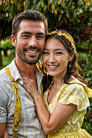 Still portrait, two people from hips up, hugging, a handsome 40 year old white english male dressed as a carpenter and wearing a banana and square glasses with a close cropped short beard smiling confidently, a beautiful young chinese woman with pale skin wearing a yellow traditional silk dress with long straight black hair worn down and is smiling lovingly, holding each other lovingly, loving smile, highly detailed, perfect teeth, high budget photography, romance, gorgeous, Mfxl,