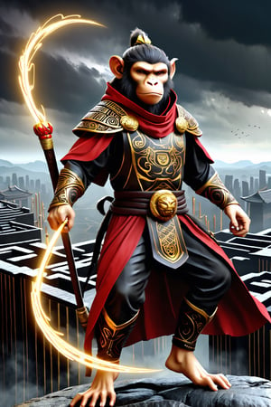 a man Agile and strong Mythical hero Monkey-like features Playful yet serious expression Humanoid figure Expressive facial features Mystical aura Iconic headband Tail  
Ancient city Ultra-fine painting
Black armor
Red cloak
Fierce expression
Yellow metal staff
Indomitable will
Invincible aura
Lonely guardian
Warring States, Three Kingdoms style
Aerial view
Ferocious face
Sharp eyes
Fluttering armor and cloak
Ruined ancient city
Desolate atmosphere
Central figure
Dark sky
Dark, gray, brown tones
Red and gold highlights

3D Realistic Style Highly detailed 4k, 8k, highres: 4K, 8K
Realistic, photorealistic, photo-realistic, in the style of esao andrews,DonM3lv3nM4g1cXL