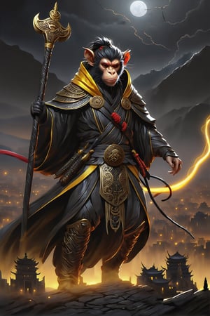 a man  Mythical hero Monkey-like features Playful yet serious expression Humanoid figure Expressive facial features Mystical aura Iconic headband Tail  
Ancient city Ultra-fine painting
Black armor
Red cloak
Fierce expression
Yellow metal staff
Indomitable will
Invincible aura
Lonely guardian
Warring States, Three Kingdoms style
Aerial view
Ferocious face
Sharp eyes
Fluttering armor and cloak
Ruined ancient city
Desolate atmosphere
Central figure
Dark sky
Dark, gray, brown tones


3D Realistic Style Highly detailed 4k, 8k, highres: 4K, 8K
Realistic, photorealistic, photo-realistic, in the style of esao andrews,DonM3lv3nM4g1cXL,LegendDarkFantasy