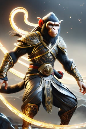 a man  Mythical hero Monkey-like features Playful yet serious expression Humanoid figure Expressive facial features Mystical aura Iconic headband Tail  
Ancient city Ultra-fine painting
Black armor
Red cloak
Fierce expression
Yellow metal staff
Indomitable will
Invincible aura
Lonely guardian
Warring States, Three Kingdoms style
Aerial view
Ferocious face
Sharp eyes
Fluttering armor and cloak
Ruined ancient city
Desolate atmosphere
Central figure
Dark sky
Dark, gray, brown tones


3D Realistic Style Highly detailed 4k, 8k, highres: 4K, 8K
Realistic, photorealistic, photo-realistic, in the style of esao andrews,DonM3lv3nM4g1cXL