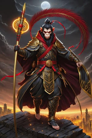 a man  Mythical hero Monkey-like features Playful yet serious expression Humanoid figure Expressive facial features Mystical aura Iconic headband Tail  
Ancient city Ultra-fine painting
Black armor
Red cloak
Fierce expression
Yellow metal staff
Indomitable will
Invincible aura
Lonely guardian
Warring States, Three Kingdoms style
Aerial view
Ferocious face
Sharp eyes
Fluttering armor and cloak
Ruined ancient city
Desolate atmosphere
Central figure
Dark sky
Dark, gray, brown tones Red and gold highlights


3D Realistic Style Highly detailed 4k, 8k, highres: 4K, 8K
Realistic, photorealistic, photo-realistic, in the style of esao andrews,DonM3lv3nM4g1cXL,LegendDarkFantasy