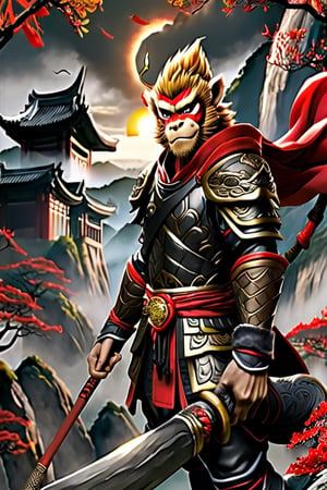 Sun Wukong in black armor and a red cape