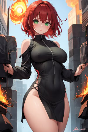 1 girl, red hair, short messy hair, beutiful fit curvy body, medium breasts, real green eyes, fire, (grabbing own breasts) 