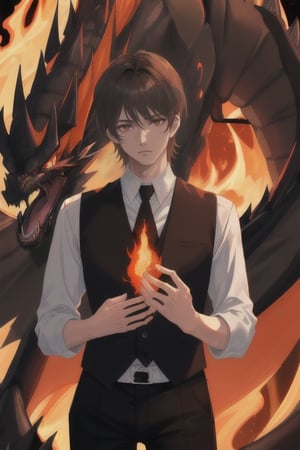 boy dark brown hair dark brown eyes black vest black pants behind the black dragon looking at Asia in front black flames
