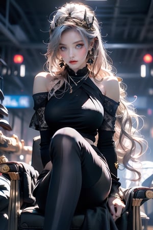 (((masterpiece))),best quality, illustration,(beautiful detailed girl), a girl ,solo,bare shoulders,flat_chst,diamond and glaring eyes,beautiful detailed cold face,very long blue and sliver hair,floaing black feathers,wavy hair,black and white sleeves,gold and sliver fringes,a (blackhole) behind the girl,a silver triple crown inlaid with obsidian,(sit) on the black ((throne)), (depth) of (field),gigantic_breasts
