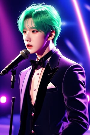 Suga, Min Yoongi, mint hair, BTS member, Korean man, perfect seductive, slightly muscular, black suit, elegant, ultra realistic, cinematic light, film composition, highly detailed, cinematic effects,
in the middle of the stage singing, purple lights, shine on the stage, audience in the background,