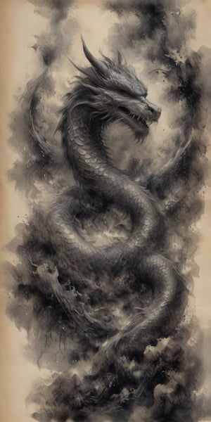 Generate hyper realistic image of  an ancient scroll featuring an ink wash painting of a dragon. Depict the dragon's fluid form, surrounded by traditional brushstroke elements, creating an evocative piece reminiscent of classical Asian art.Dragon,<lora:659095807385103906:1.0>,<lora:659095807385103906:1.0>