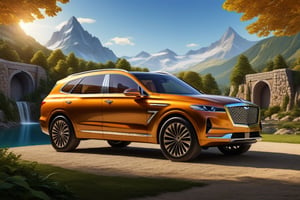 ((Hyper-Realistic)) photo of 1 car \(random colors mid-size luxury crossover SUV, Genesis GV80\) parked,Front side view,well-lit,Super-detailed shiny body and wheels with reflection,(backdrop: Hyper-realistic Super-detailed (Documentary photograph:1.3) of a magnificent (Swiss mountain top),(stone wall:1.2),14th century,(golden ratio:1.3)),tree,waterfall,
BREAK 
aesthetic,rule of thirds,depth of perspective,perfect composition,studio photo,trending on artstation,cinematic lighting,(Hyper-realistic photography,masterpiece, photorealistic,ultra-detailed,intricate details,16K,sharp focus,high contrast,kodachrome 800,HDR:1.3),H effect,photo_b00ster,itacstl,Dwarven City