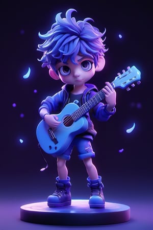 boy,artistic, 3d, animated, perfect body, perfect hands, colors blue, black, purple, with guitar
