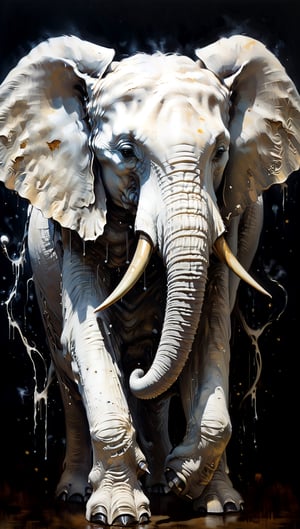 A strikingly mystical elephant, reminiscent of a large, magical female gorgeous, spit flamed elephant, takes center stage in this hyper realistic, melted paint vintagepunk artwork. The image, possibly a captivating painting or a carefully captured photograph, showcases an awe-inspiring big white creature with an ethereal aura. Its mottled shade of white encompasses a weathered yet mesmerizing appearance, emanating an air of enigmatic beauty. Every minute detail of this creature's otherworldly form, from its intricate hide to its flowing trunk, is portrayed with exquisite quality, capturing the viewer's attention. This artistry exudes a sense of vintage charm while simultaneously evoking a futuristic essence, lending the image a unique and captivating appeal., (masterpiece), (2.5D)
