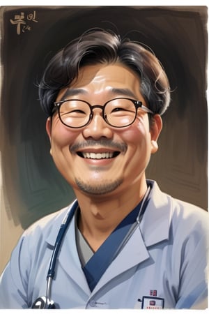 Imagine a chubby, middle-aged Korean man with glasses, depicting the appearance of a humble doctor in his 60s. He has a warm smile on his face as he sits in a chair with a stethoscope draped around his neck.
