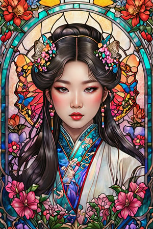 an original artwork that combines elements of stained glass and illustration and depicts a female Asian with slanted eyes and pouty lips wearing in an elaborate hanfu , surrounded by an ornate frame and colorful flowers. She is beautiful and gentle, her face shows tenderness and care, and the image gives off a magical and mysterious vibe with bright gems and butterflies. This is a creative and beautiful image.