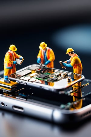 
A group of intricately detailed miniature individuals engaged in repairing the internal workings of an iPhone . The image is captured in stunning 8K resolution, showcasing the finest details. The tilt-shift effect adds a touch of whimsical realism to this captivating scene