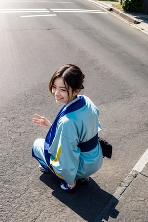 from above, Real lighting, (realistic:0.7), (3D:0.7), (solo:1.3),(first sunshine:1.3), (sheine background:1.3), Cloud cover, looking down,kimono,squatting,Embarrassed,Happy smile
