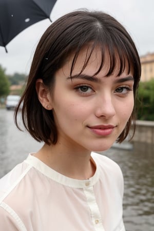 same face aria name girl, head to toe, round face, Italian girl, Instagram influencer, brown short hair, glossy juicy lips, dark blue eyes cute,  21-year-old girl, wearing casual clothes, dancing in 1st rain, camera from top side , she is looking up to sky with close eyes, rain drops are dropping on ground, happy face, joyful moment , without umbrella, aria is slightly wet with water, water droplets in her body, super realistic , brown hair