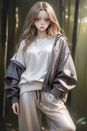 1 girl, long brown hair with blonde highlights, baggy pants, baggy jacket, ((slim waist)), ((medium thigh)), ultra detailed, 8K, ultra realistic, Realism, Semirealism , Semi Realism, (front)glossy skin, oily skin, (pale skin:0.5)" as skin, "baggy", (masterpiece), best quality, expressive eyes, perfect face