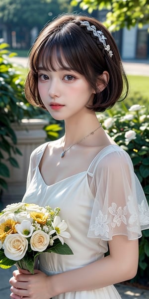 ((Top Quality, ​Masterpiece)), original photography, 8k, top quality, super high resolution, beautiful face, every detail, realistic human skin, gentle expression, front view, color々from one angle, ( Bob hair: 1.5), realistic, realistic, cute little, Chis, bouquet, white dress, a necklace, bangs,
information
