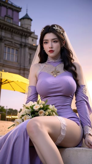 masterpiece,1girl,(mature female:0.5),tall body,golden proportions,(Kpop idol),(shiny skin:1.2),(oil skin:1.1),makeup,(close up),(church background),depth of field,(closed mouth:0.5),((long wavy brown hair)),(puffy eyes),(eyelashes:1.1),(parted lips:1.1),red lipstick,fantasy art style,dreamy light,(high neck light purple wedding dress:1.59),(long wedding dress:1.39),(lace:1.39)perfect body,(dreamy veil:1.3),(dusk:1.2),princess shoes,(diamond necklace),(crystal hairpin),tyndall effect,highres,(Sitting on the beach:1.39),(big breasts:1.83),(In the distant background is a European medieval castle filled with flowers:1.59),(colorful flowers:1.5)