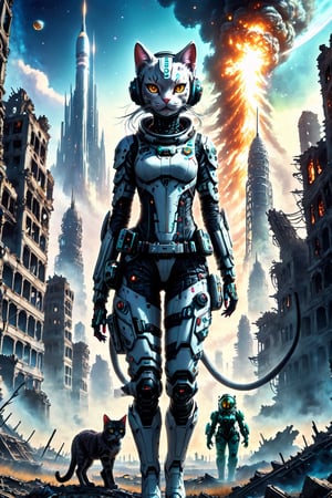 the catgirl astronaut stands in the middle of a deserted field surrounded by cities of the hi-tech bio future, an world of high technology, huge biopunk monsters are running far from the astronaut, burning spheres are lie on ground, night, deep space debris, the ruins of the hi-tech apocalypse, monster, biopunk style, cinematic