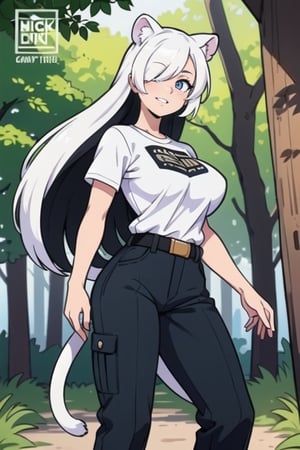 1girl, solo, long hair, (one right eye), (hair over right eye), (bangs cover one eye), big breasts, bare palms, looking at viewer, smile, blue eyes, long pants, tshirt, oversized clothes, animal ears, tail, camouflage army male tshirt, (white hair, black hair, multicolored hair, two tone hair), outdoors, belt, military uniform, indonesian national army, camuflage pants, long trousers, tree, lips, nature, forest, white tiger ears, white tiger tail, realistic