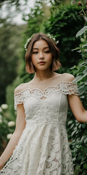 Medium shot of a girl wear lace dress in the garden of rose
