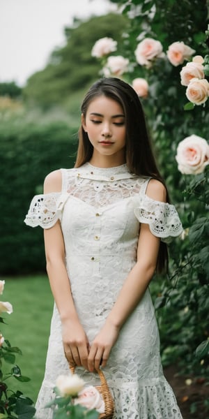 Medium shot of a girl wear lace dress in the garden of rose