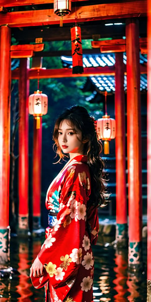 Realistic, RAW photos, digital SLR cameras, film grain, Fujifilm XT3, night scenes, 1girl, goddess women, (curly hair, long hair), big breasts, thighs, bare shoulders, red printed sexy kimono, black pantyhose, backlight, scattered scene, contrast filter, looking at viewer, japanese shrine torii style, rain, wet