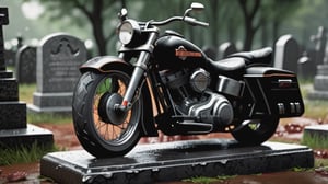 ((gravestone)), ((close-up)),medieval cemetery, medieval  graves, harley davidson motor cycle made of granite, more detail XL,LegendDarkFantasy, camera shooting point at ground level,photorealistic, late evening, it's raining
