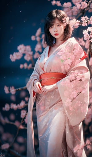 best quality, masterpiece, beautiful and aesthetic, vibrant color, Exquisite details and textures,  Warm tone, ultra realistic illustration,	(sweet asian lady, 27 year old:1.5), (Cherry blossom theme:1.4),	(night theme:1.4),	shining eyes, big eyes,	(an angry look:1.1), Japanese kimono, cinematic lighting, ambient lighting, sidelighting, cinematic shot,	siena natural ratio,  perfect body, Japanese slipper, anime style, 	Full length view,	black long bob cut,	white wedding dress,	ultra hd, realistic, vivid colors, highly detailed, UHD drawing, perfect composition, beautiful detailed intricate insanely detailed octane render trending on artstation, 8k artistic photography, photorealistic concept art, soft natural volumetric cinematic perfect light. ,1 girl