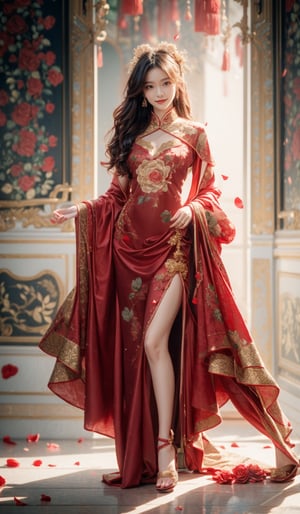full body shot, Masterpiece in UHD, with sharp details. Style inspired by traditional Chinese painting, in an artistic fusion of portrait and nature. | A beautiful Chinese woman is elegantly dressed in a traditional red Chinese garment, standing out amidst a lush background filled with red roses. red high heels, Her dark hair is delicately combed and adorned with golden accessories, while her face reflects serenity and gracefulness. She is in an elegant pose, with her hands lightly raised in a delicate gesture, as if she were appreciating the beauty of the flowers around her. | The composition of the scene enhances the beauty of the woman and the lushness of the roses, with a viewpoint that highlights her figure centralized amidst the sea of flowers. The soft lighting enhances the details of the garment and the woman's face, creating an atmosphere of serenity and elegance. | The light filtered through the rose petals creates an ethereal effect, adding a touch of magic to the scene. The gentle movement of the petals in the wind adds dynamism to the composition, while the intense red tones provide a sense of warmth and passion. | Portrait of a beautiful Chinese woman in a traditional red garment, amidst a stunning backdrop of red roses. | ((smile)), ((perfect_fingers, perfect_hands, better_hands)), ((More Detail)),