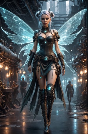 The beautiful ghost of the fairies, cyberpunk, steampunk, fullbody, ultra-detailed female in the background cinematic.