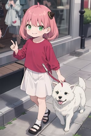 ,smile ,pink hair,green eyes, she wear red shirt and long white skirt,walk with dog ,anya_forger_spyxfamily