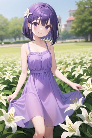 ,wear long purple dress with small flower on it, hold lily flower ,smile