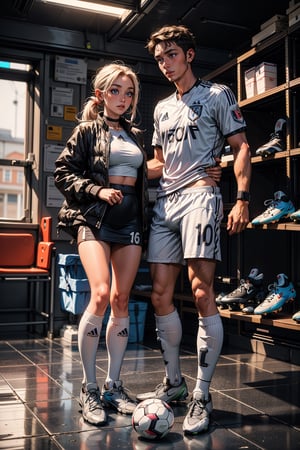 (((hetero couple:1.4))), (((two persons:1.4))), (((1girl small, childish face, and 1man, soccer player)))  (((man is 30yo, professional soccer player, very sweaty, tall and muscular, wearing soccer jersey, soccer cleats, manly body, bad boy))), (((girl is 16yo, SLUT, oversized_puffer_jacket, small and skinny, small breast, long hair, pony tail, small tanga, perfect shaved pussy, tight gap, cameltoe, makeup, normal breast, open legs, wearing a chocker, mini skirt, socks, big all white sneakers, hourglass body shape, slim waist, holding small Jacquemus handbag))), soccer locker room, smiling,  full-body_portrait (low view:1.4) in the background, 10men, soccer players are watching the girl in the background while touching their penises